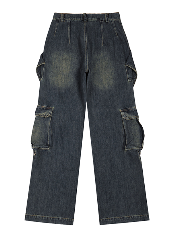 Metal Loop Detail Wide Denim Cargo Pants