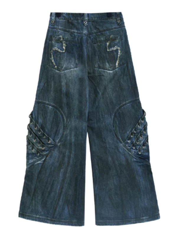Frayed Lace-Up Panel Denim Pants
