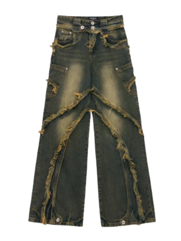 Distressed Curved Panel Wide Jeans