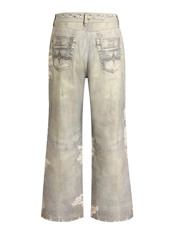 Gem Embellished Lace Patchwork Denim Pants