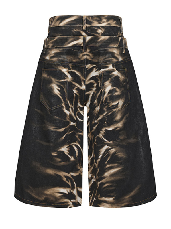 Double Waist Flame Wash Denim Short Pants