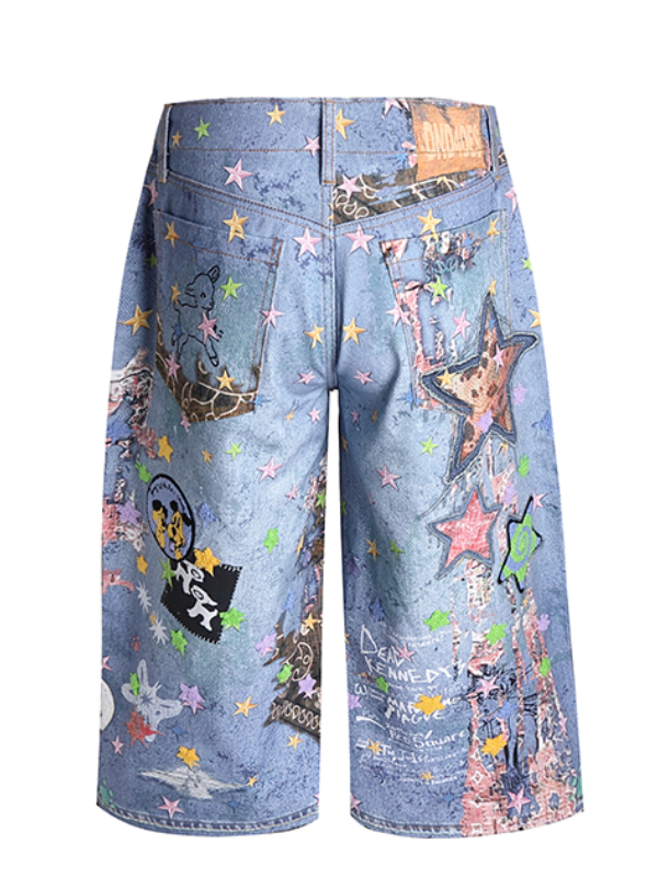 Star Graffiti Art Denim Short Pants