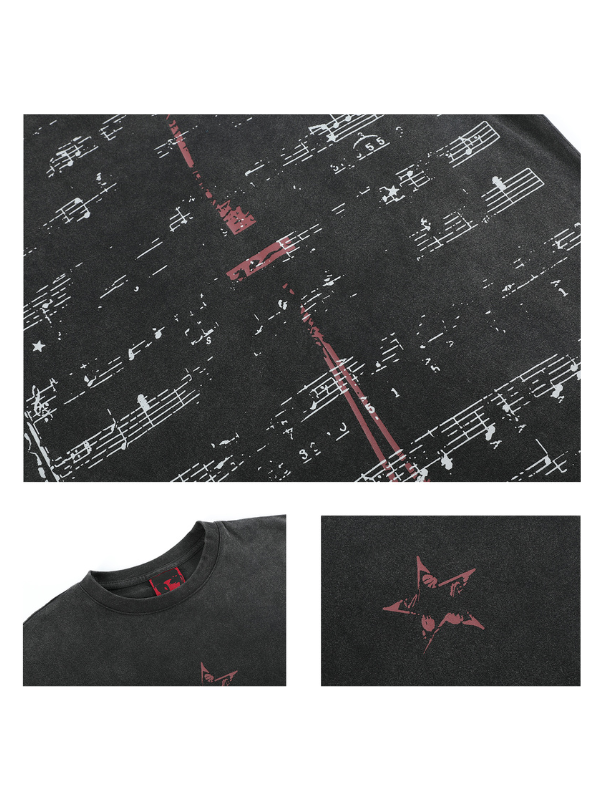 Distressed Star and Music Note Graphic T-Shirt