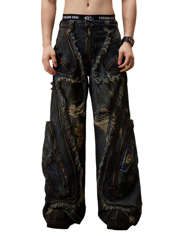 Distressed Multi-Zip Denim Pants