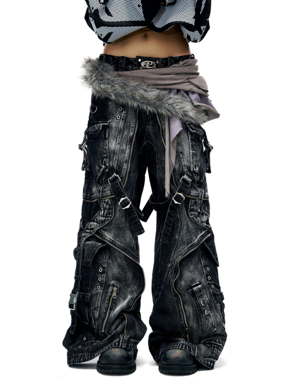 Tactical Washed Wide-Leg Jeans