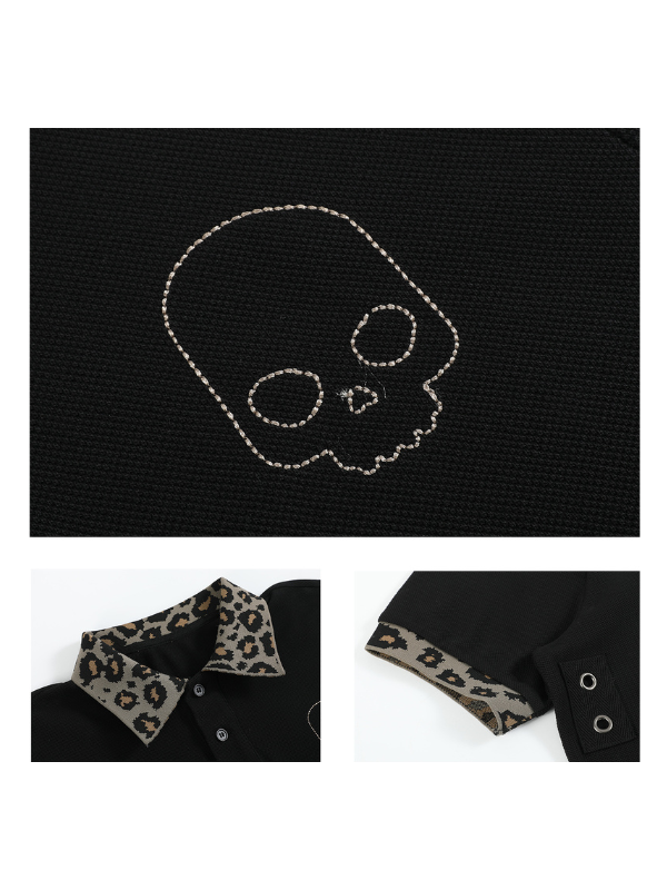 Leopard Collar Skull Embroidery Polo Shirt