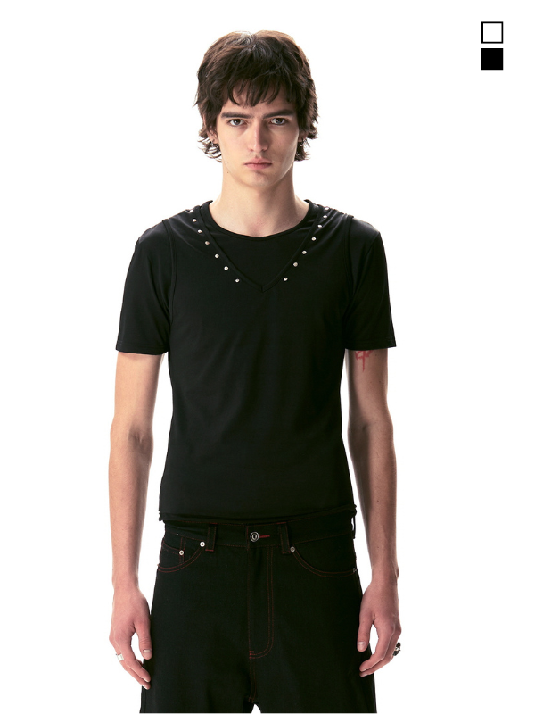 Punk Studded V-Neck Fake Layered Tee