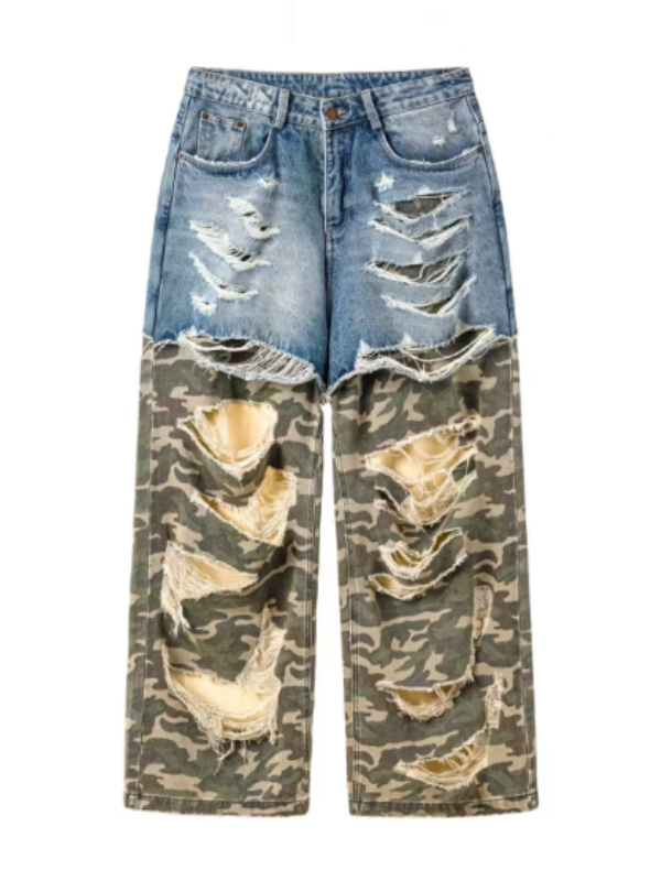 Patchwork Camo & Denim Extreme Distressed Wide Pants