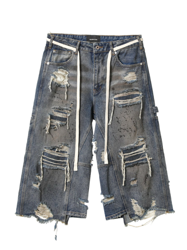 Extreme Distressed Wide-Leg Denim Shorts