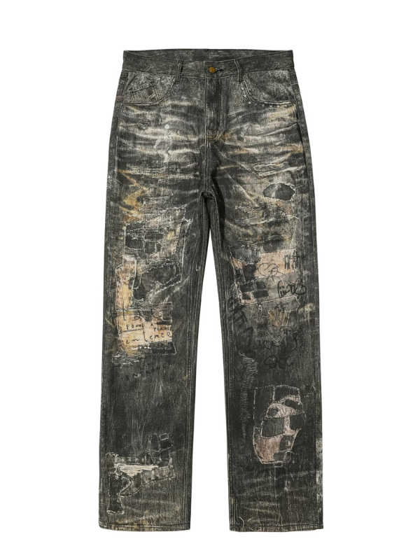 Distressed Vintage Art Patchwork Denim Pants