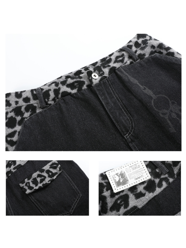 Leopard Trim Washed Wide Denim Pants