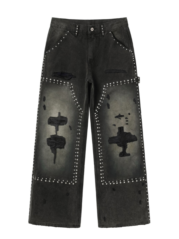Studded Distressed Wide-Leg Jeans