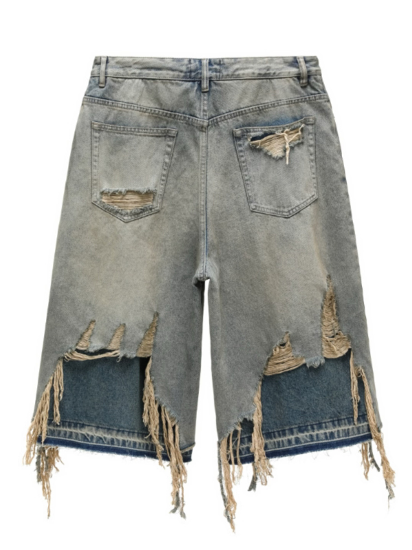 Fringe Destroyed Wide Denim Shorts