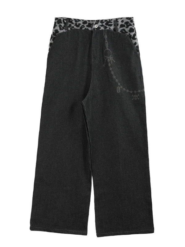 Leopard Trim Washed Wide Denim Pants