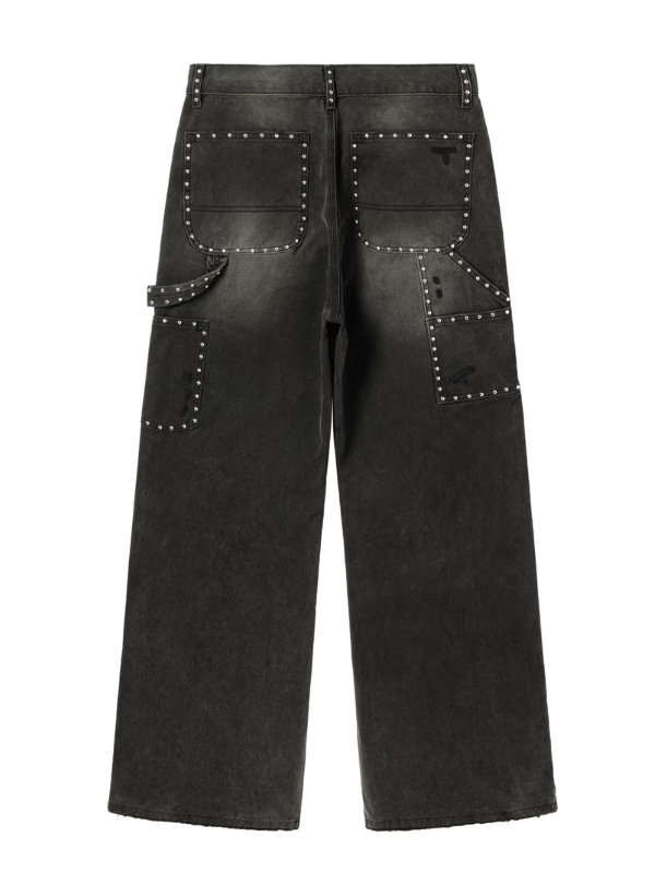 Studded Distressed Wide-Leg Jeans