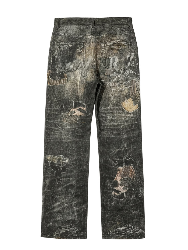 Distressed Vintage Art Patchwork Denim Pants