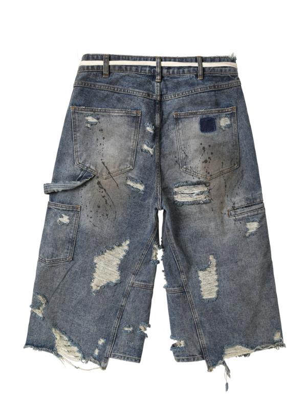 Extreme Distressed Wide-Leg Denim Shorts