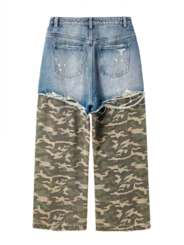 Patchwork Camo & Denim Extreme Distressed Wide Pants