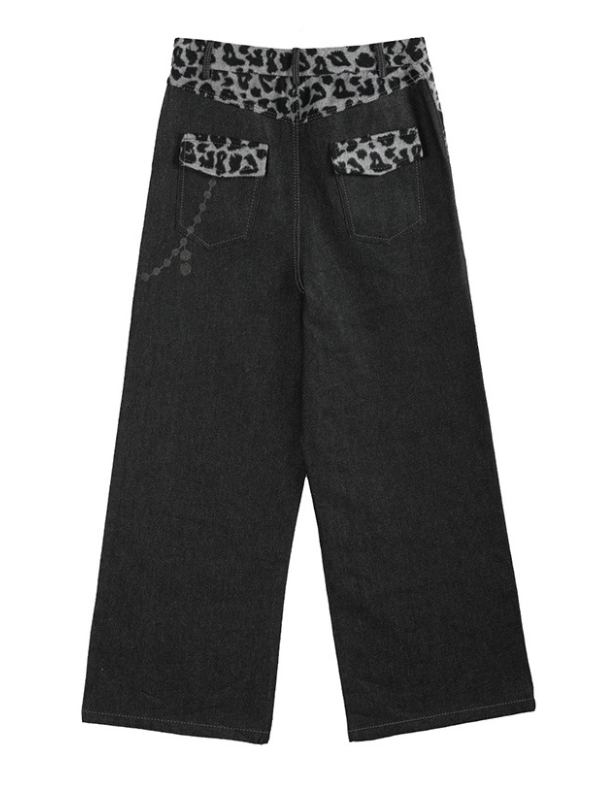Leopard Trim Washed Wide Denim Pants