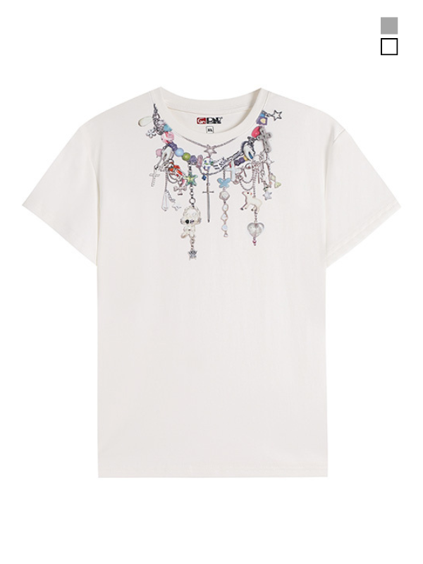 Beaded Charm Necklace Print Tee