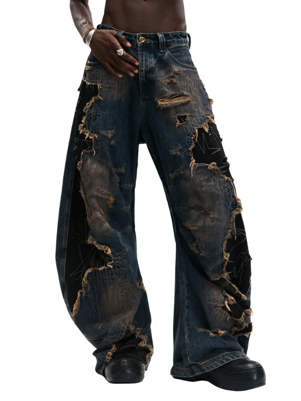 Shattered Patchwork Wide-Leg Denim Pants