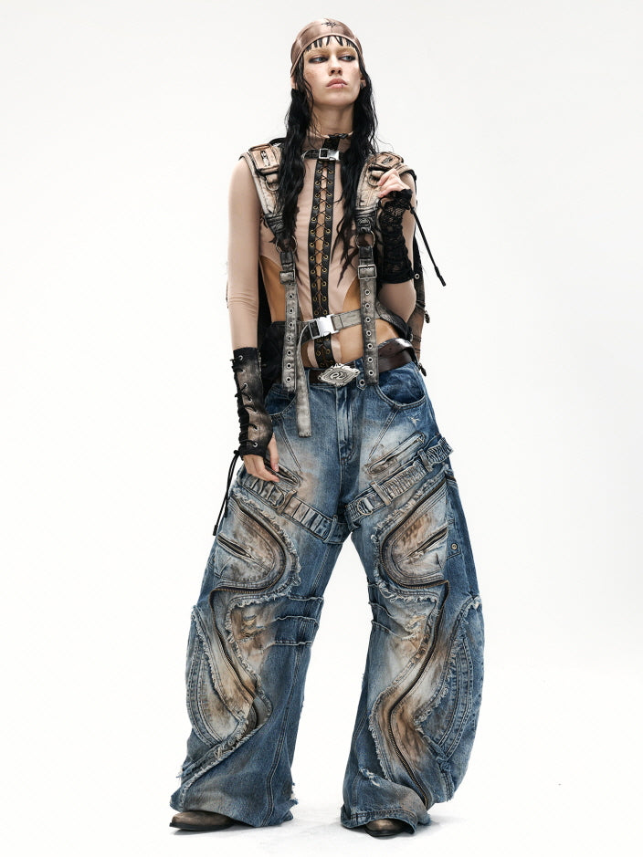 Industrial Wave Washed Denim Pants