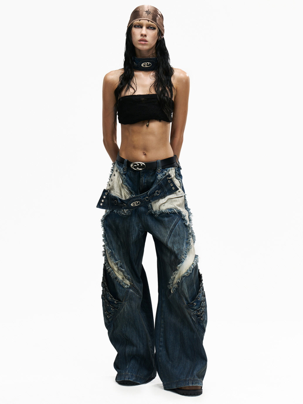Frayed Lace-Up Panel Denim Pants