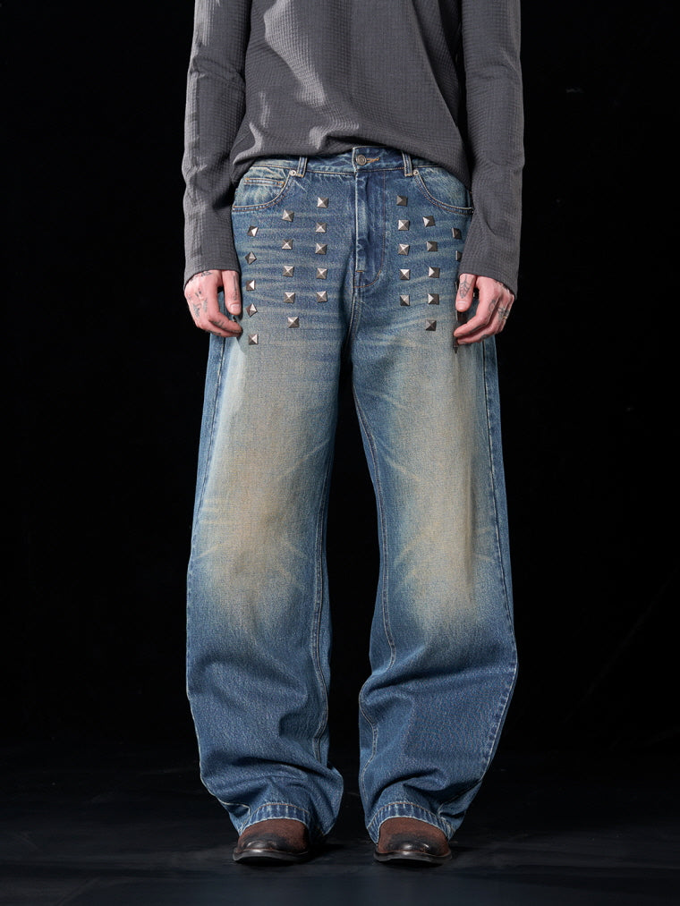 Gradient Bleach Wide-Leg Jeans with Metallic Square Studs