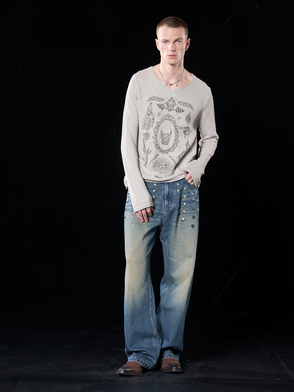 SKULLTATTOO Special Weave V-Neck Loose Sweater