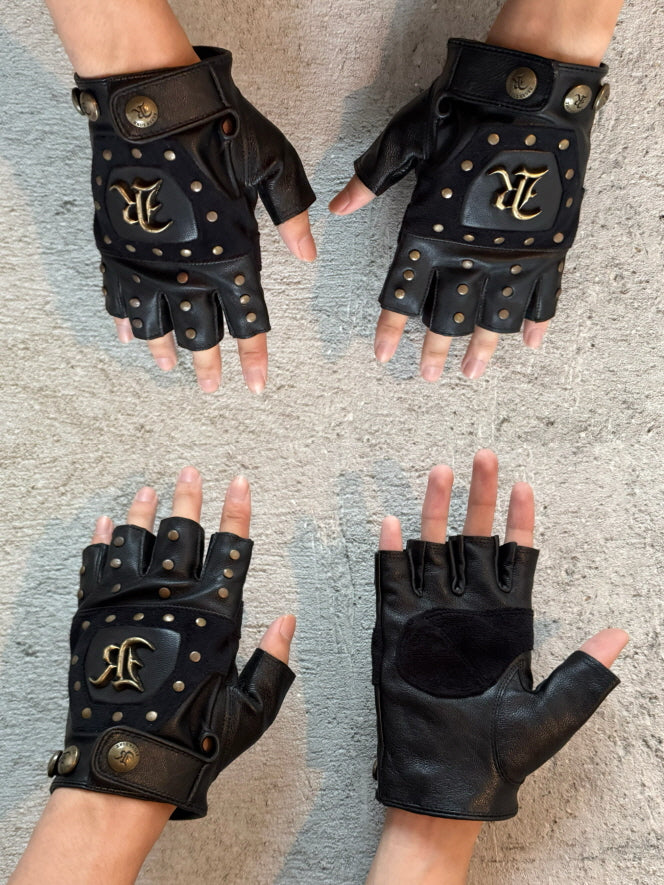 R-Studded Leather Fingerless Gloves