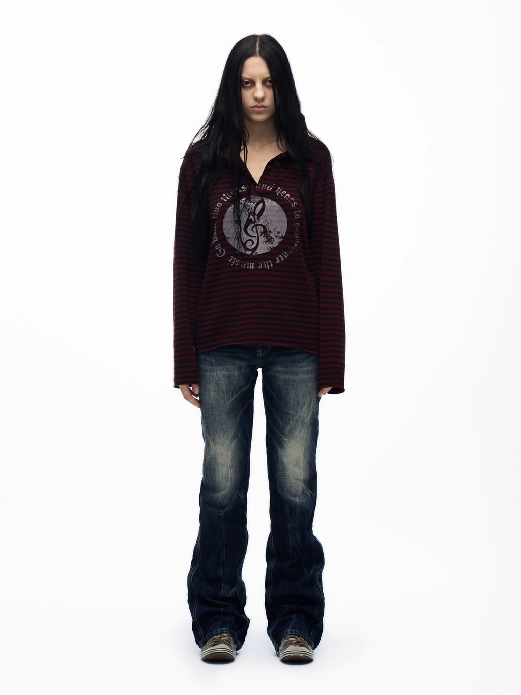 Striped Music Emblem Long Sleeve Polo Shirt