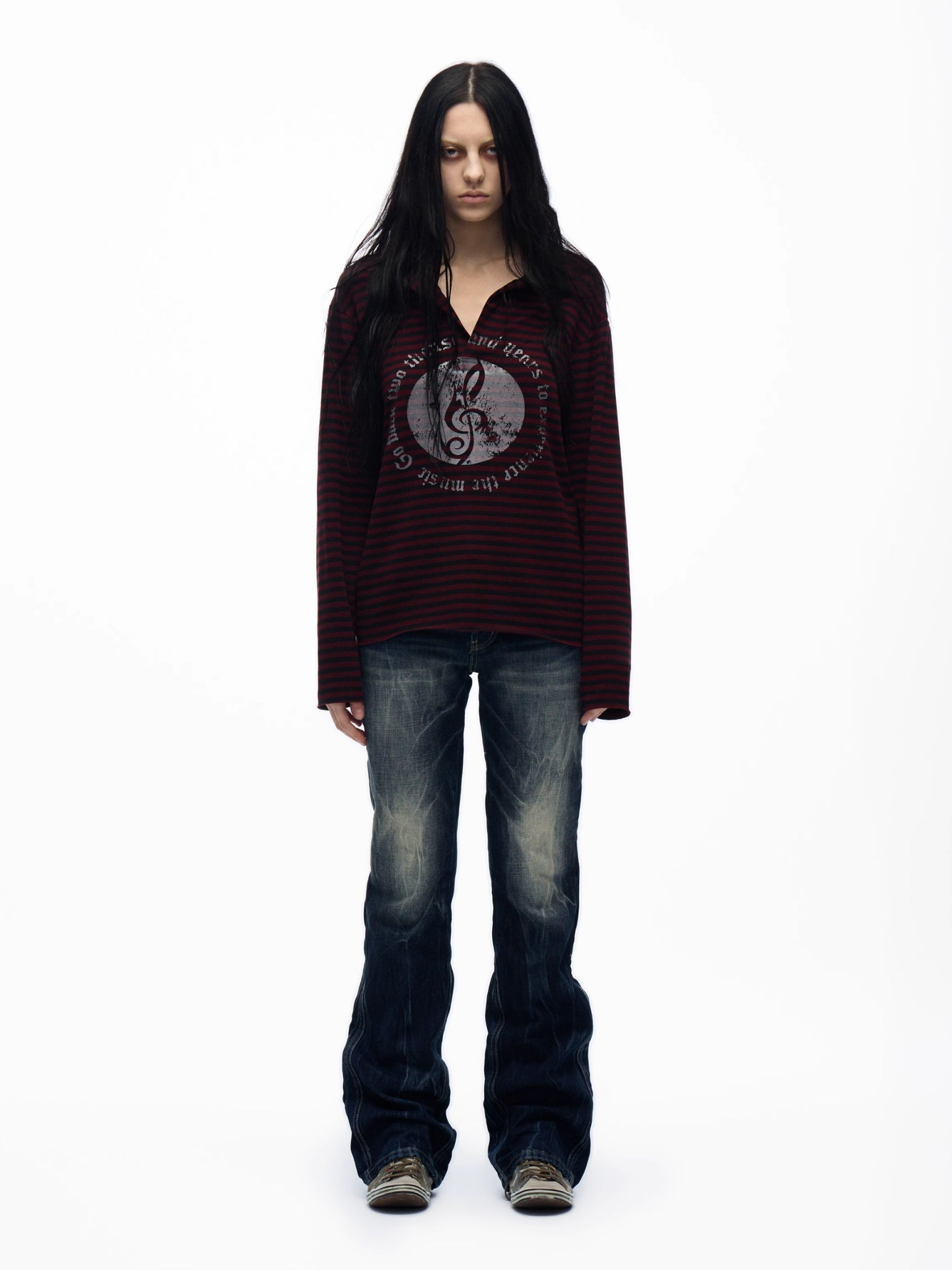 Striped Music Emblem Long Sleeve Polo Shirt