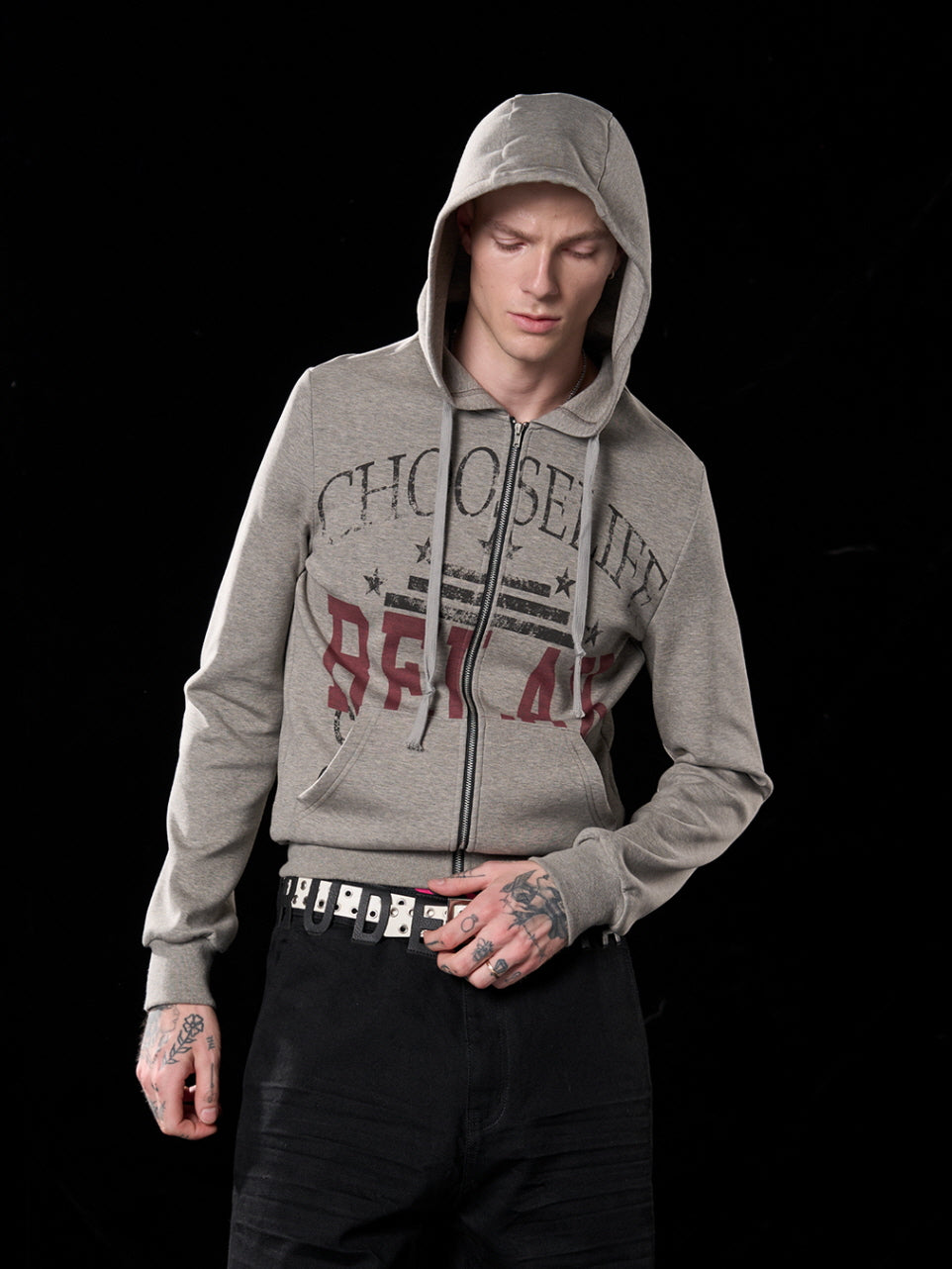 Distressed Grey Full-Print Zip-Up Hoodie