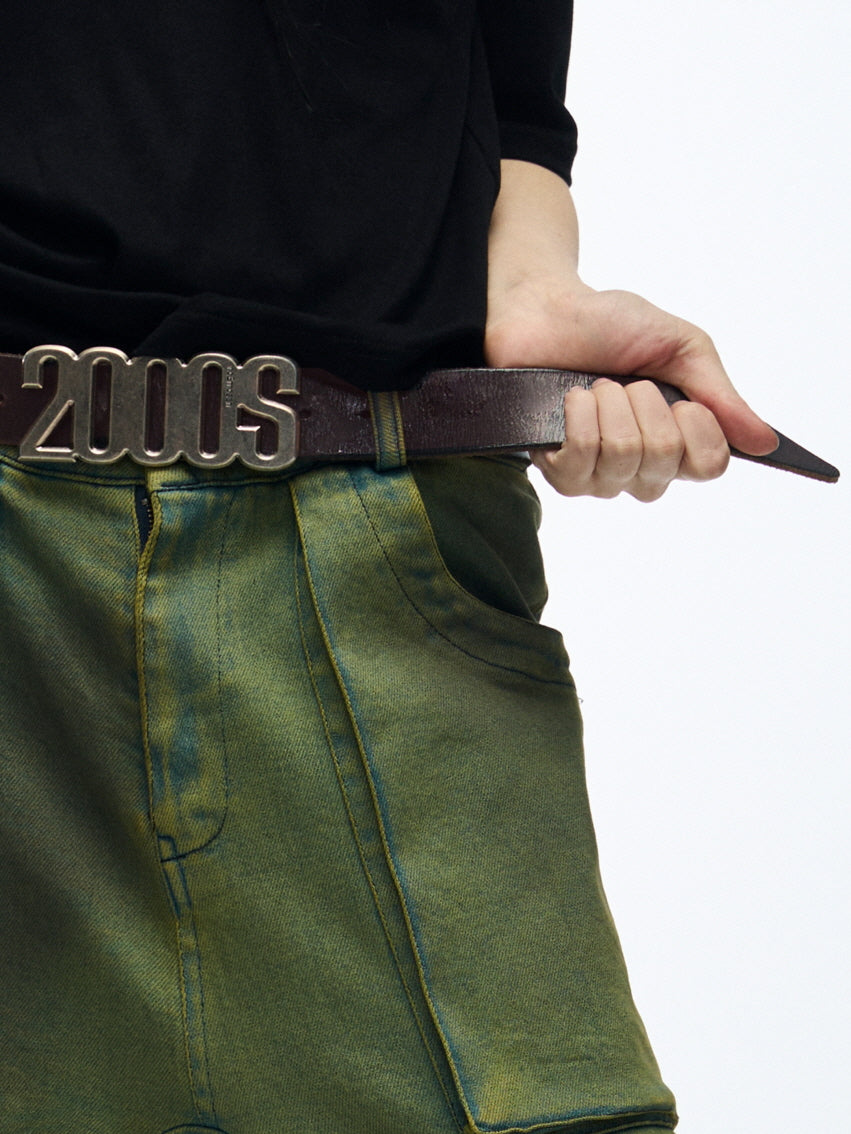 2000s Number Buckle Genuine Leather Belt