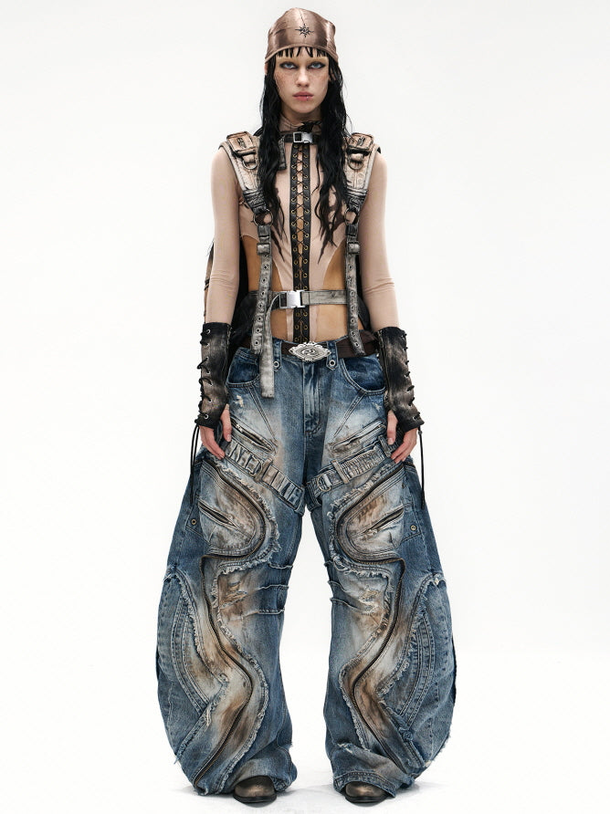 Industrial Wave Washed Denim Pants