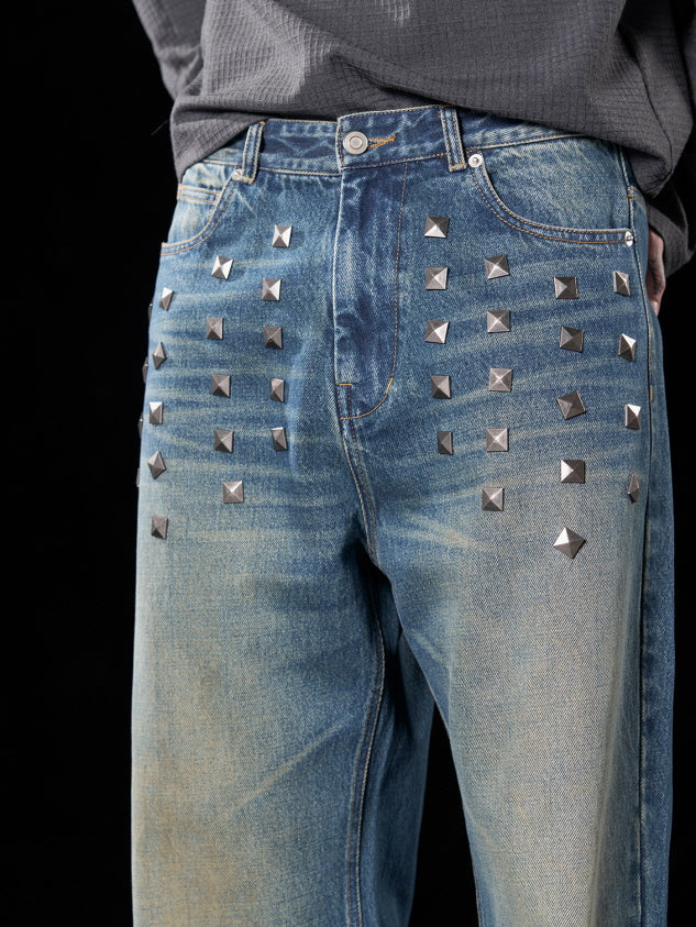 Gradient Bleach Wide-Leg Jeans with Metallic Square Studs