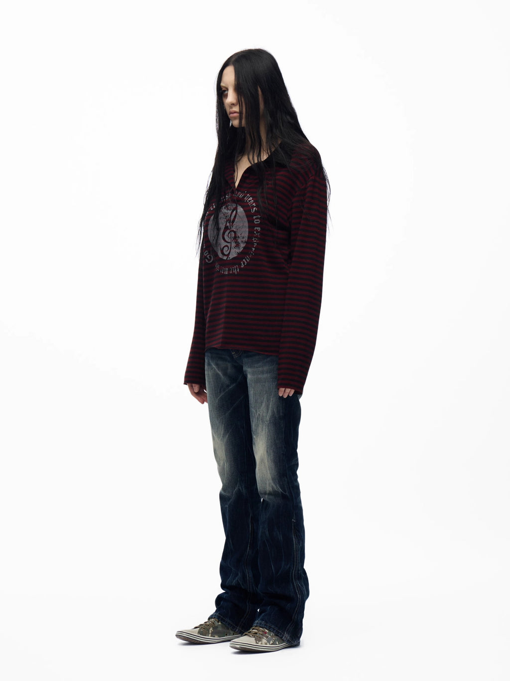 Striped Music Emblem Long Sleeve Polo Shirt