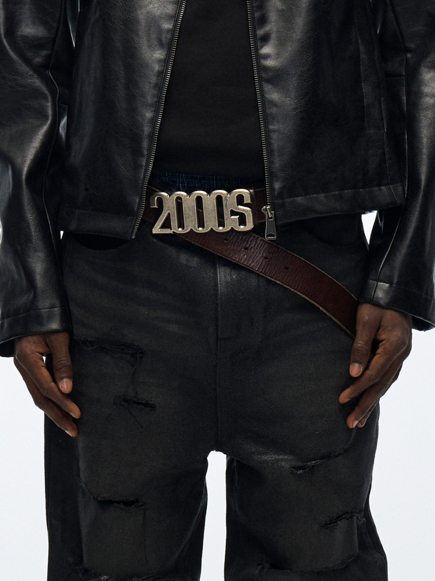 2000s Number Buckle Genuine Leather Belt