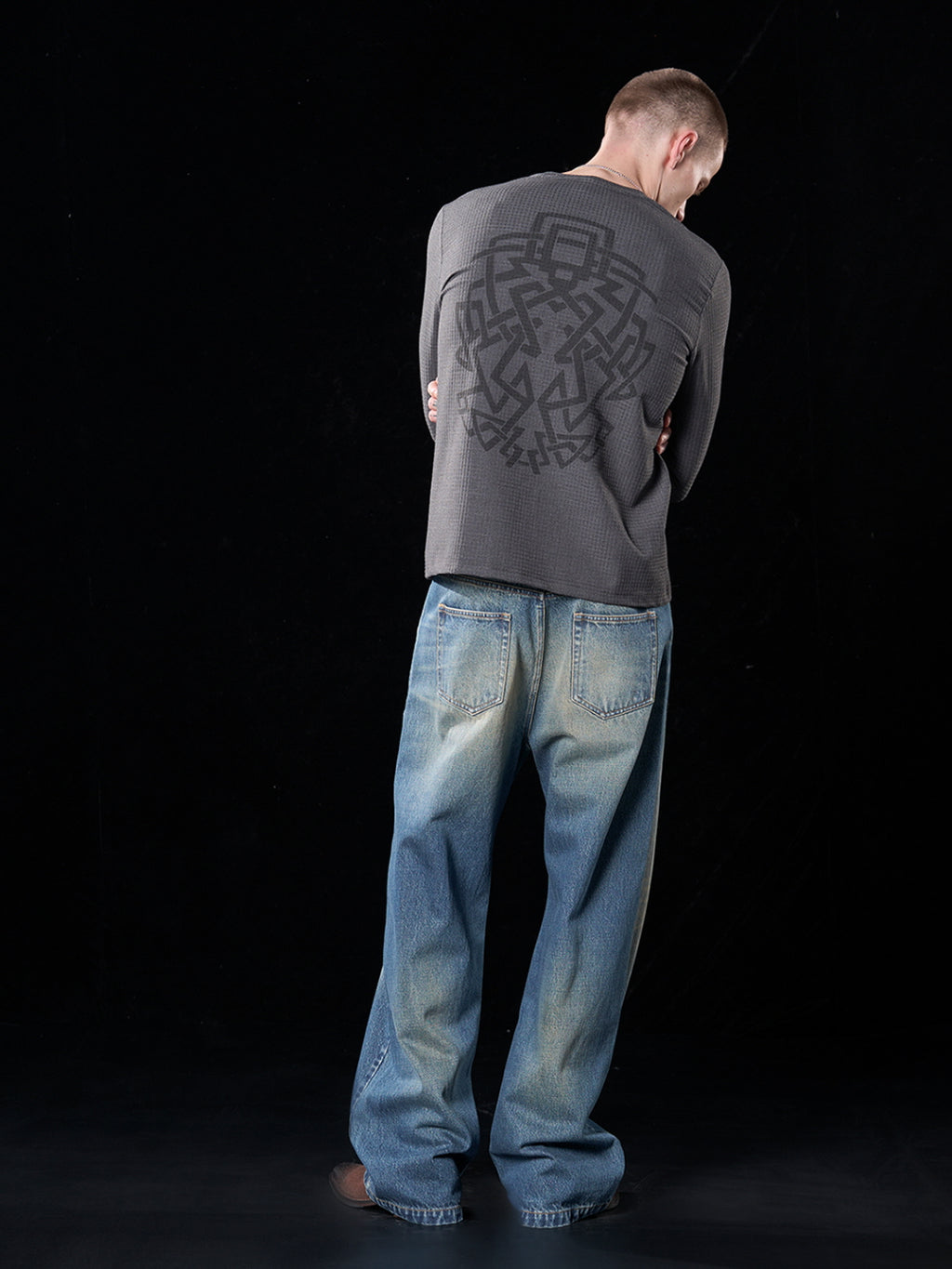 Gradient Bleach Wide-Leg Jeans with Metallic Square Studs