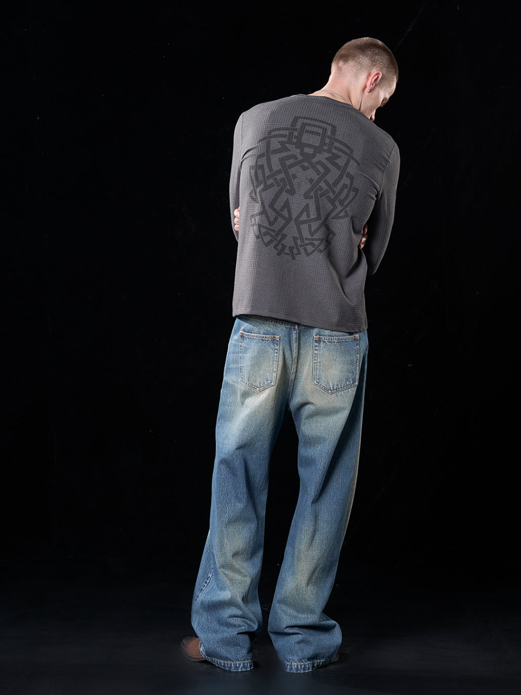 Gradient Bleach Wide-Leg Jeans with Metallic Square Studs