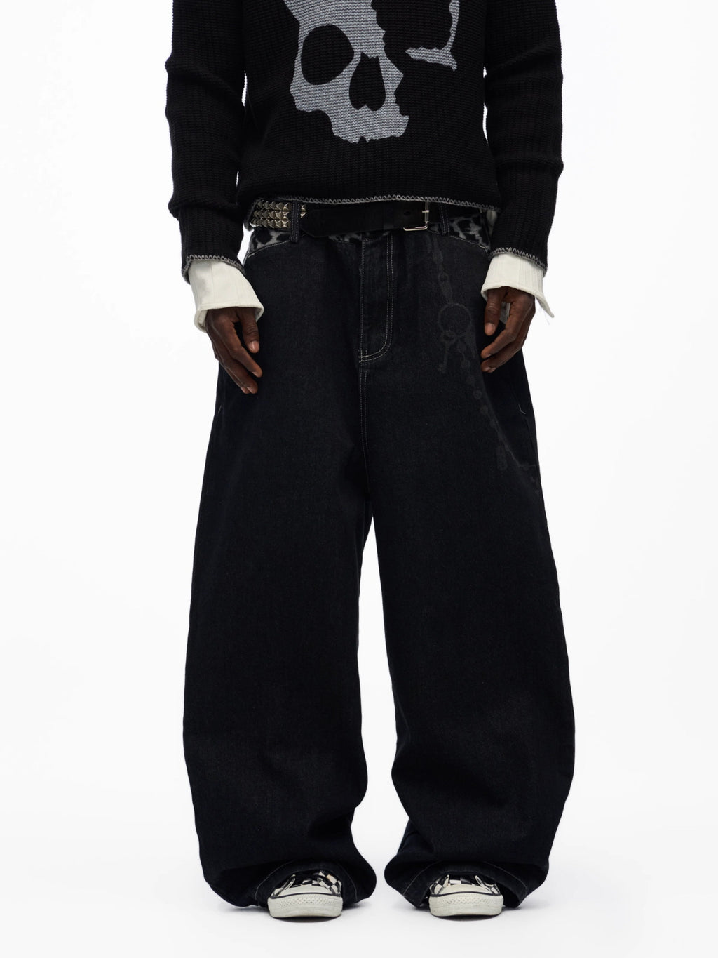 Leopard Trim Washed Wide Denim Pants