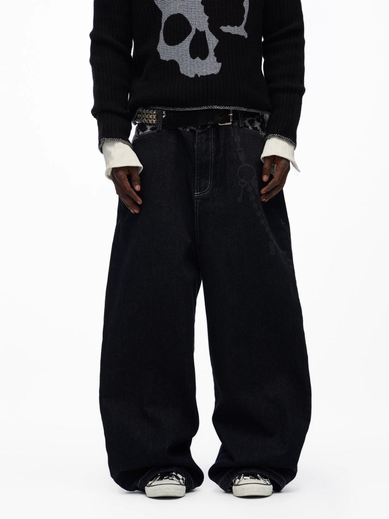 Leopard Trim Washed Wide Denim Pants