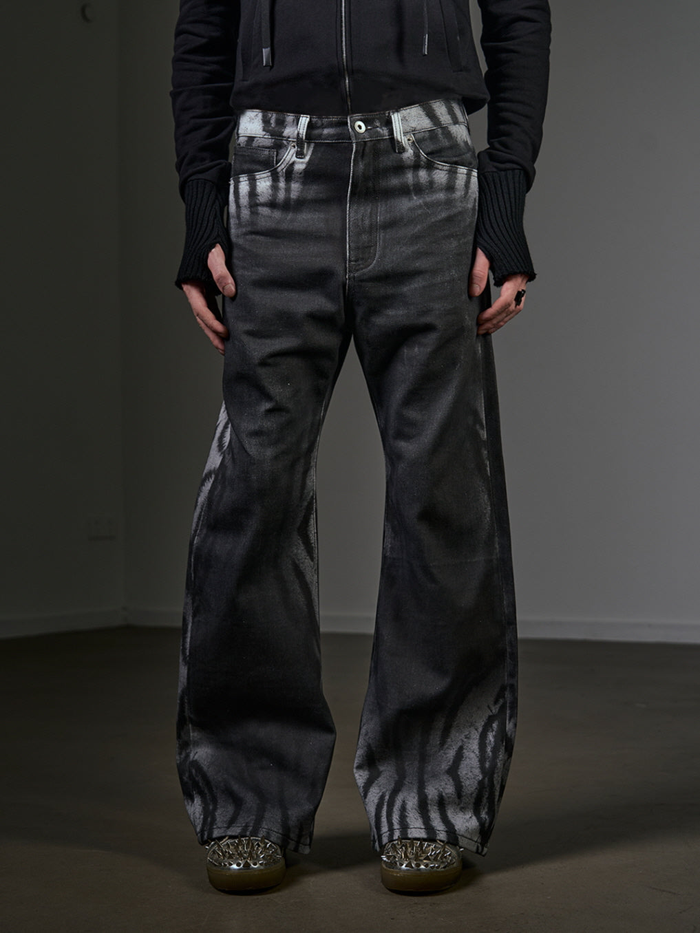 Gradient Tiger Washed Digital Print Bootcut Jeans