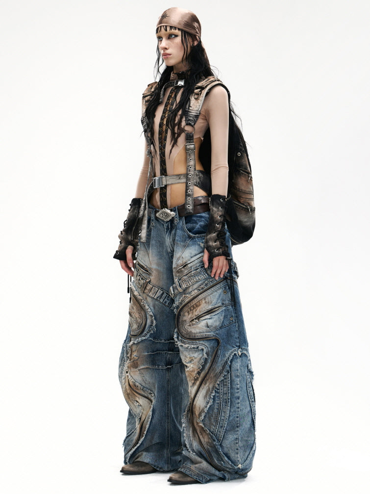 Industrial Wave Washed Denim Pants