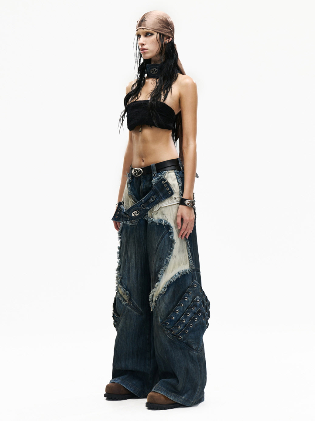 Frayed Lace-Up Panel Denim Pants