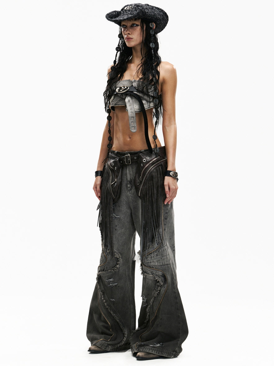 Fringe Belted Flare Cargo Pants Set