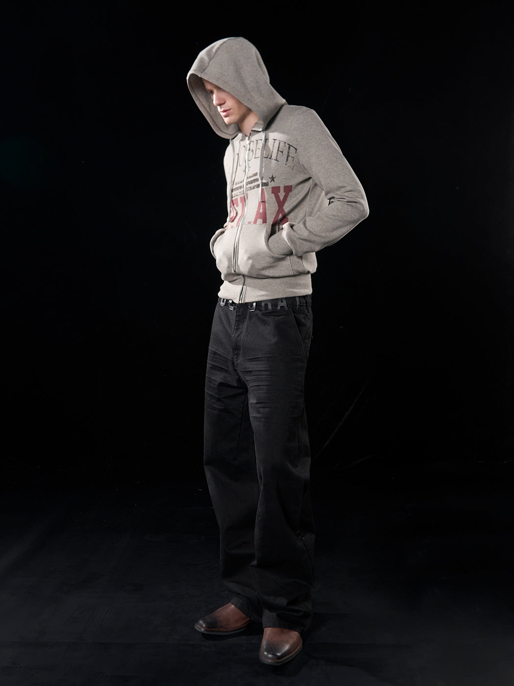 Distressed Grey Full-Print Zip-Up Hoodie