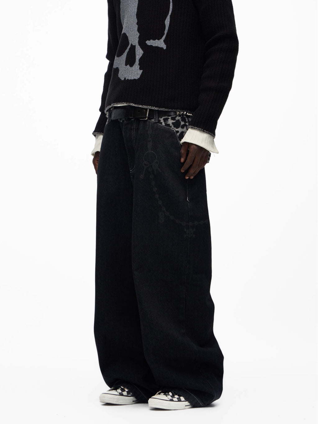 Leopard Trim Washed Wide Denim Pants