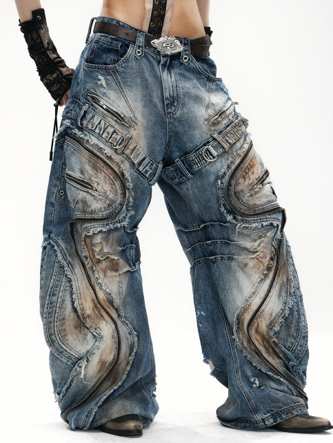 Industrial Wave Washed Denim Pants