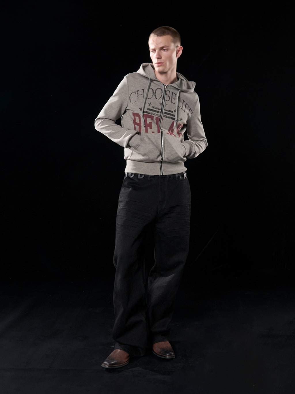 Distressed Grey Full-Print Zip-Up Hoodie